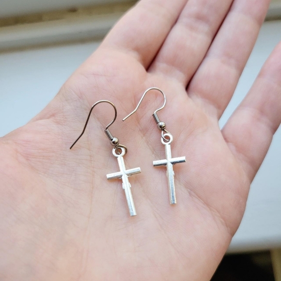 Pair of Silver Simple Dainty Classic Crucifix Cross Hook Drop Earrings - Picture 8 of 8